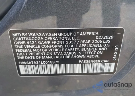 2020 Volkswagen Passat 2.0T Se из США, поврежденный, VIN 1VWSA7A31LC015873